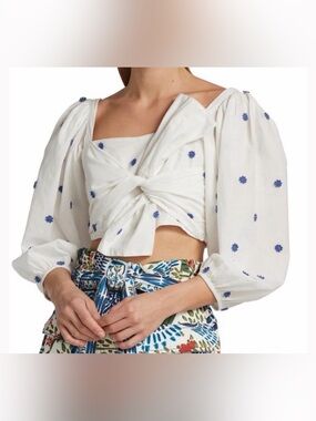 FARM Rio Cropped White Twist-Front Top with Blue Floral Dots